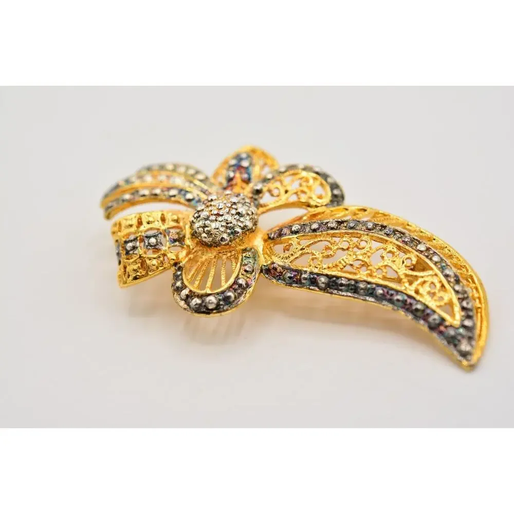 Vintage Flower Bow Pin Brooch Gold Silver Tone Antiqued Gunmetal Chunky 1980s 9B
